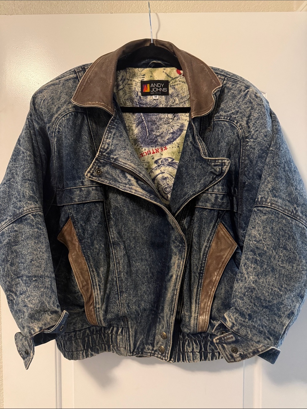 Vintage Andy Johns Acid-Wash Denim Bomber Jacket with Brown Trim